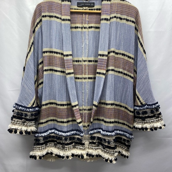 ZARA BOHO OPEN FRONT CARDIGAN POM POM FRINGE WOMENS SMALL BOHEMIAN - Picture 1 of 12